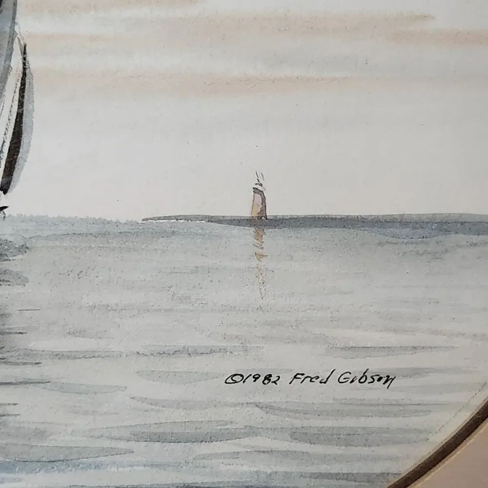 ORIGINAL Watercolor Sailboat Painting Virginia Beach signed by Fred Gibson 1982